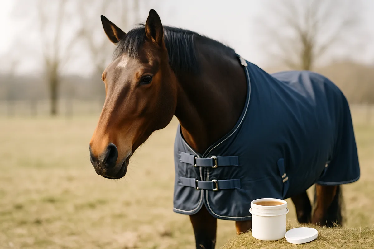 Ein Pferd im Freien, das von einer Outdoordecke geschützt wird