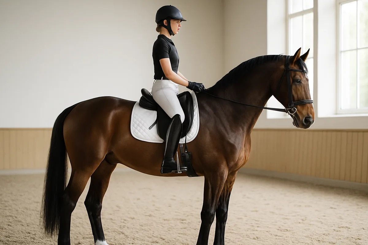 Dressursattel auf einem großen Pferd mit 170 cm Stockmaß im Dressurviereck, Reiter in korrekter Haltung, helle Reithalle