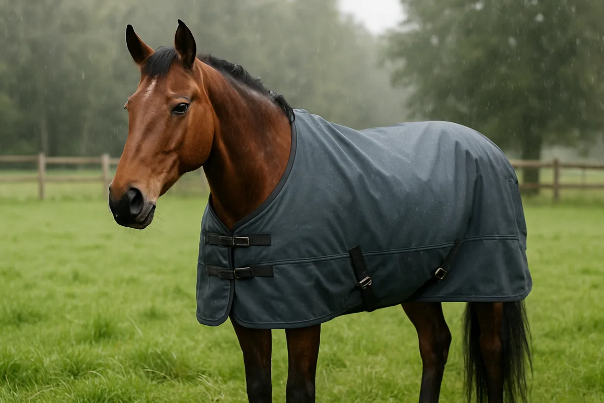 Pferd auf grüner Weide mit wasserdichter Regendecke in 125 cm, Regen tropft von der Decke, Pferd steht entspannt im Gras
